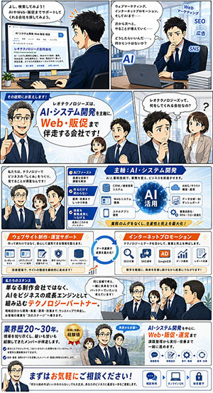 AI・システム開発を中心に、Web制作・販促まで伴走する会社です